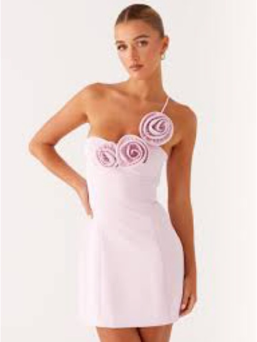 Peppermayo Pale Pink One-Shoulder Rosette Mini Dress